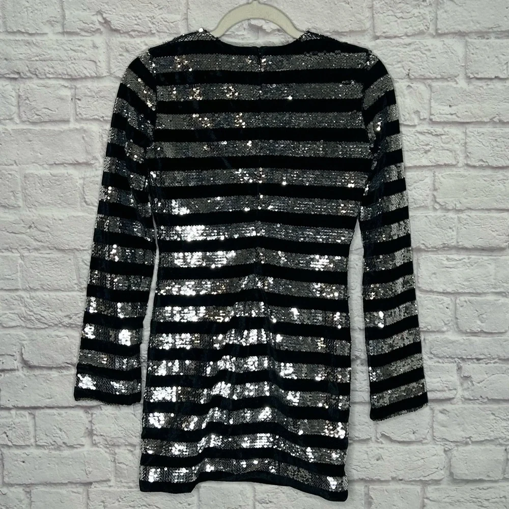 RtA Silver Sequin and Black Velvet Striped Lomg Sleeve Bodycon Mini Dress